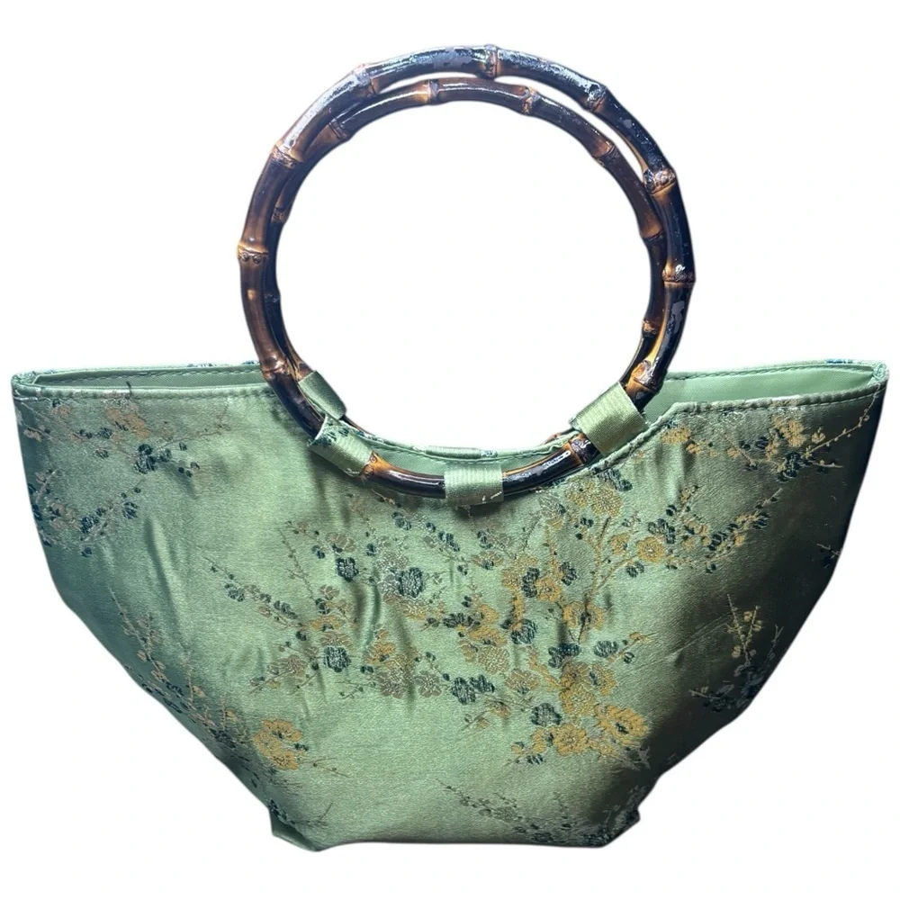 Oriental Floral Embroidered Purse Zipper Top Faux Silk Bamboo Handles - Picture 2 of 8